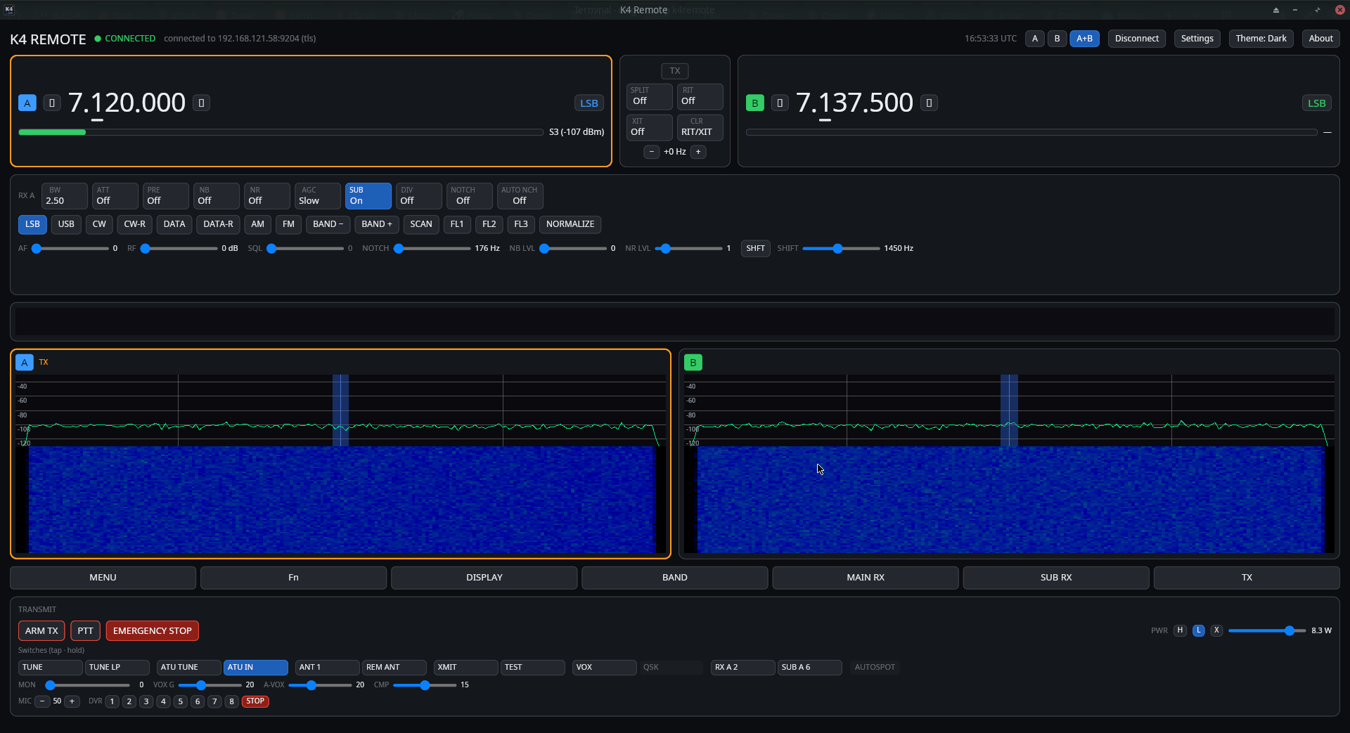 K4 Remote main window: VFO A/B, spectrum and waterfall, transmit panel