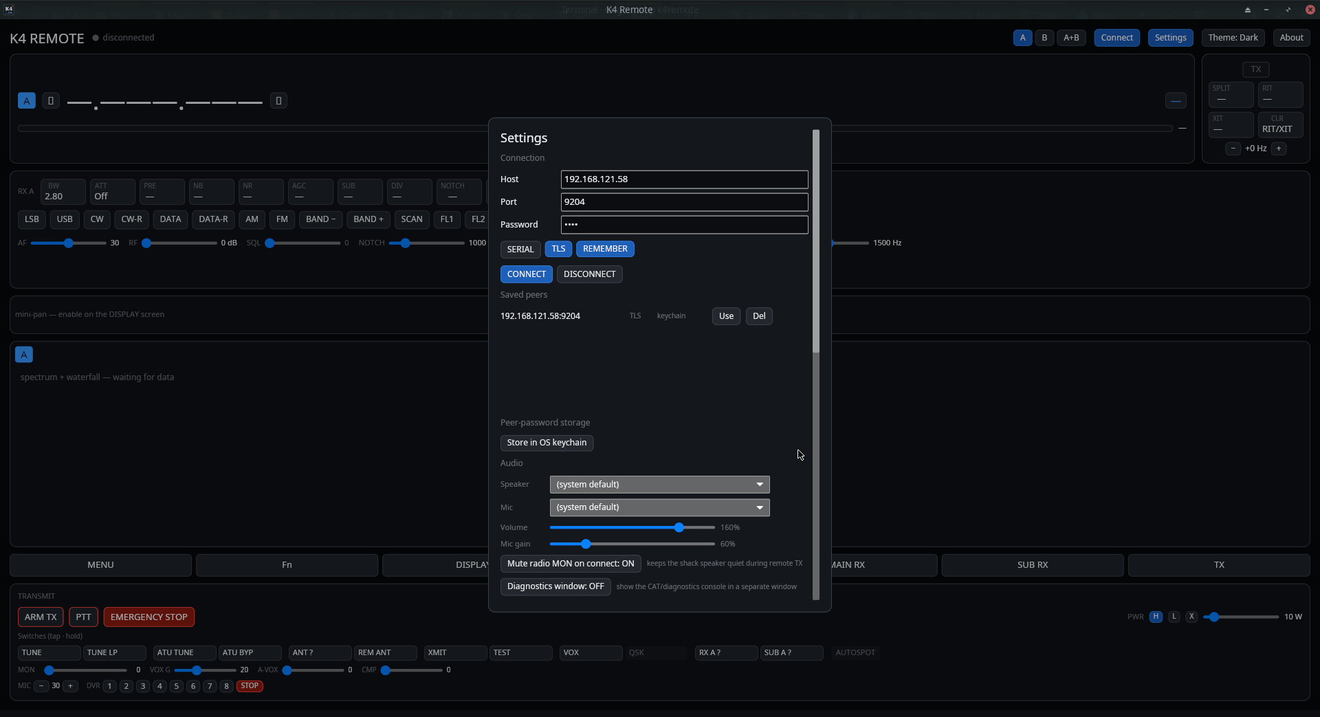 The connection settings dialog