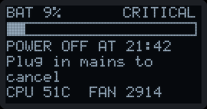 OLED page: BAT 9%, CRITICAL, power off at 21:42, plug in mains to cancel