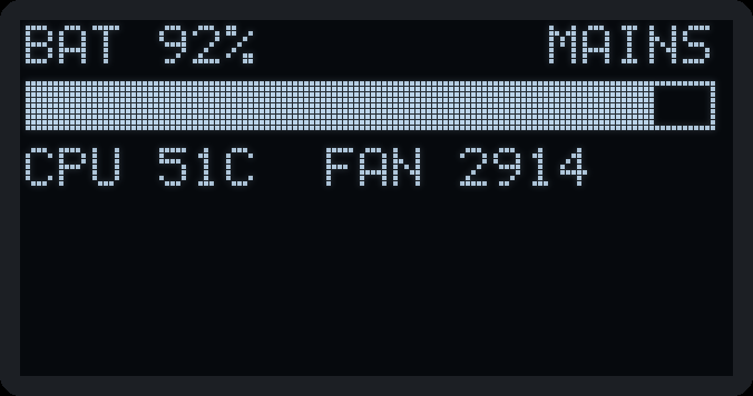 OLED page: BAT 92%, MAINS, a full charge bar, CPU and fan