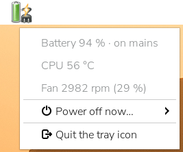 The argon-utils panel icon, a colour battery with a charging plug, and its menu: Battery 94 % on mains, CPU 56 °C, fan 2982 rpm, Power off now, Quit