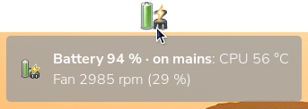 The panel icon's tooltip: Battery 94 % on mains, CPU 56 °C, fan 2985 rpm